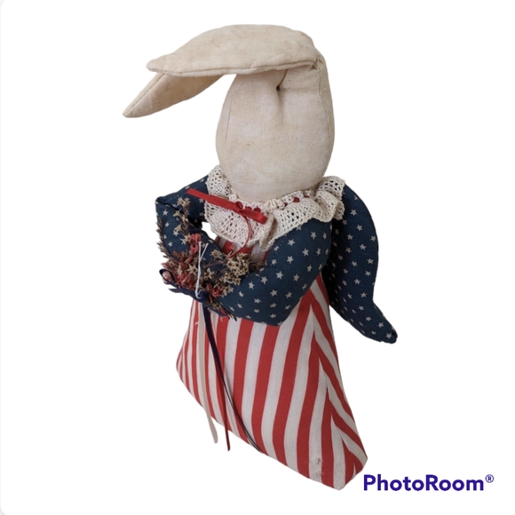 Bunny Rabbit angel folk art Americana tea stain shelf sitter stars strip… - Picture 2 of 5